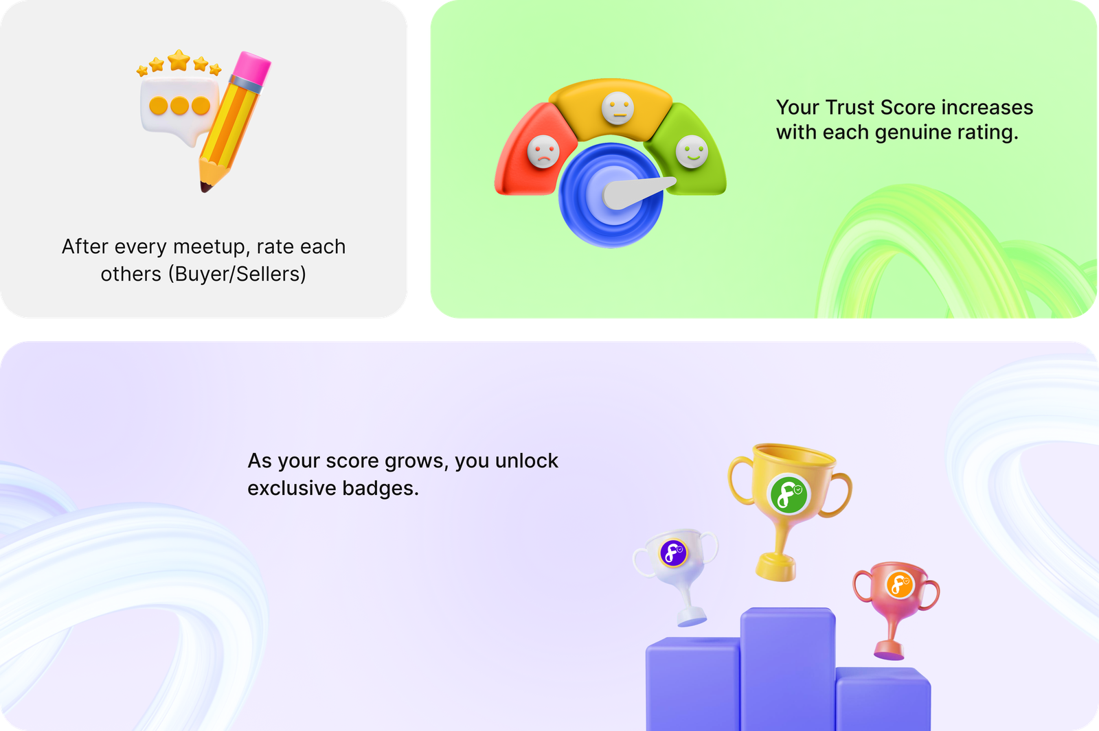 After every meetup, rate each other as buyer and seller. Your Trust Score increases with each genuine rating. As your score grows, you unlock exclusive badges.