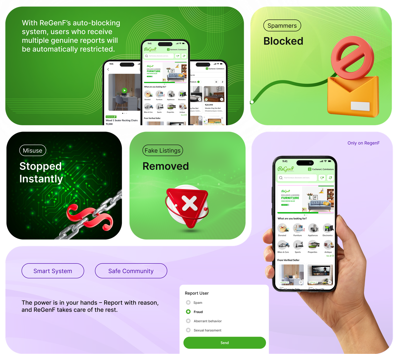 With ReGenF's auto-blocking system, users who receive multiple genuine reports are automatically restricted. Spammers blocked, misuse stopped instantly, fake listings removed. Report a user with a reason and ReGenF takes care of the rest.