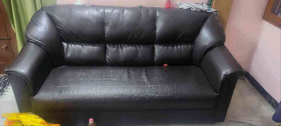 brown rexin used sofa 3 seater