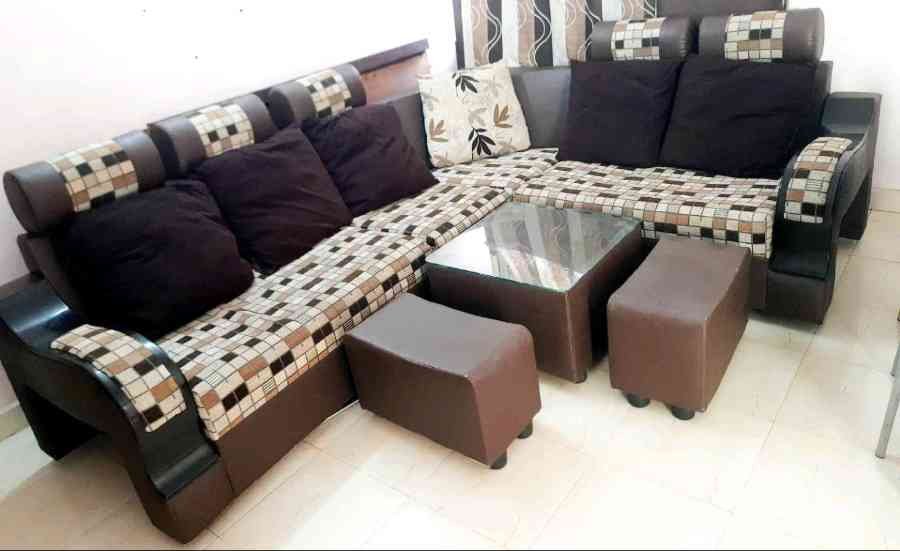 🛋️ L-Shaped Sofa Set with Center Table & Stools