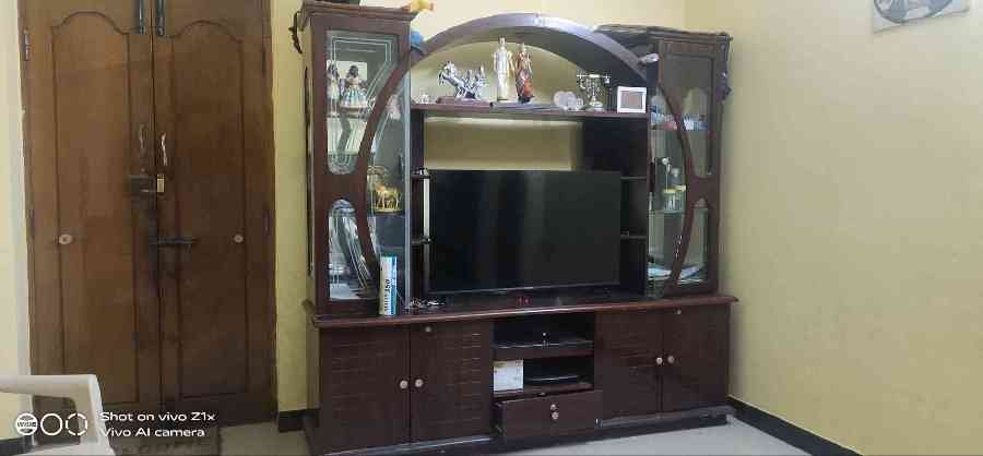 Dark Wood TV Unit with Glass Display Cabinets
