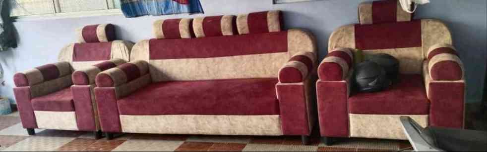Premium 5-Seater Sofa Set (3+1+1) – Maroon & Beige